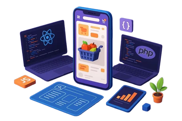 Ecommerce Web Development Illustration | Mobile App and Coding Setup Mobile ecommerce app with shopping basket, surrounded by coding screens, analytics dashboard, and development tools
