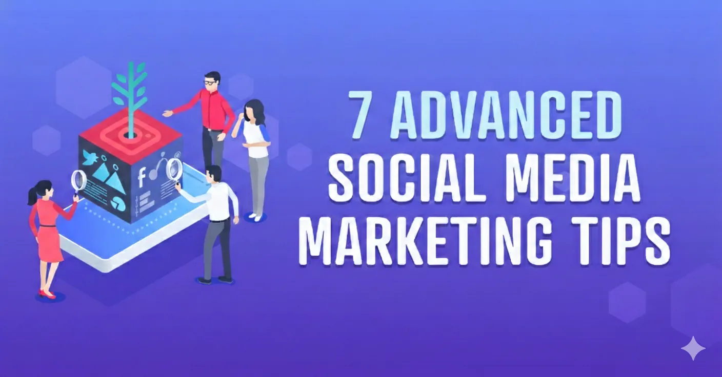 Illustration showing a team analyzing social media data and strategy with the text “7 Advanced Social Media Marketing Tips.”