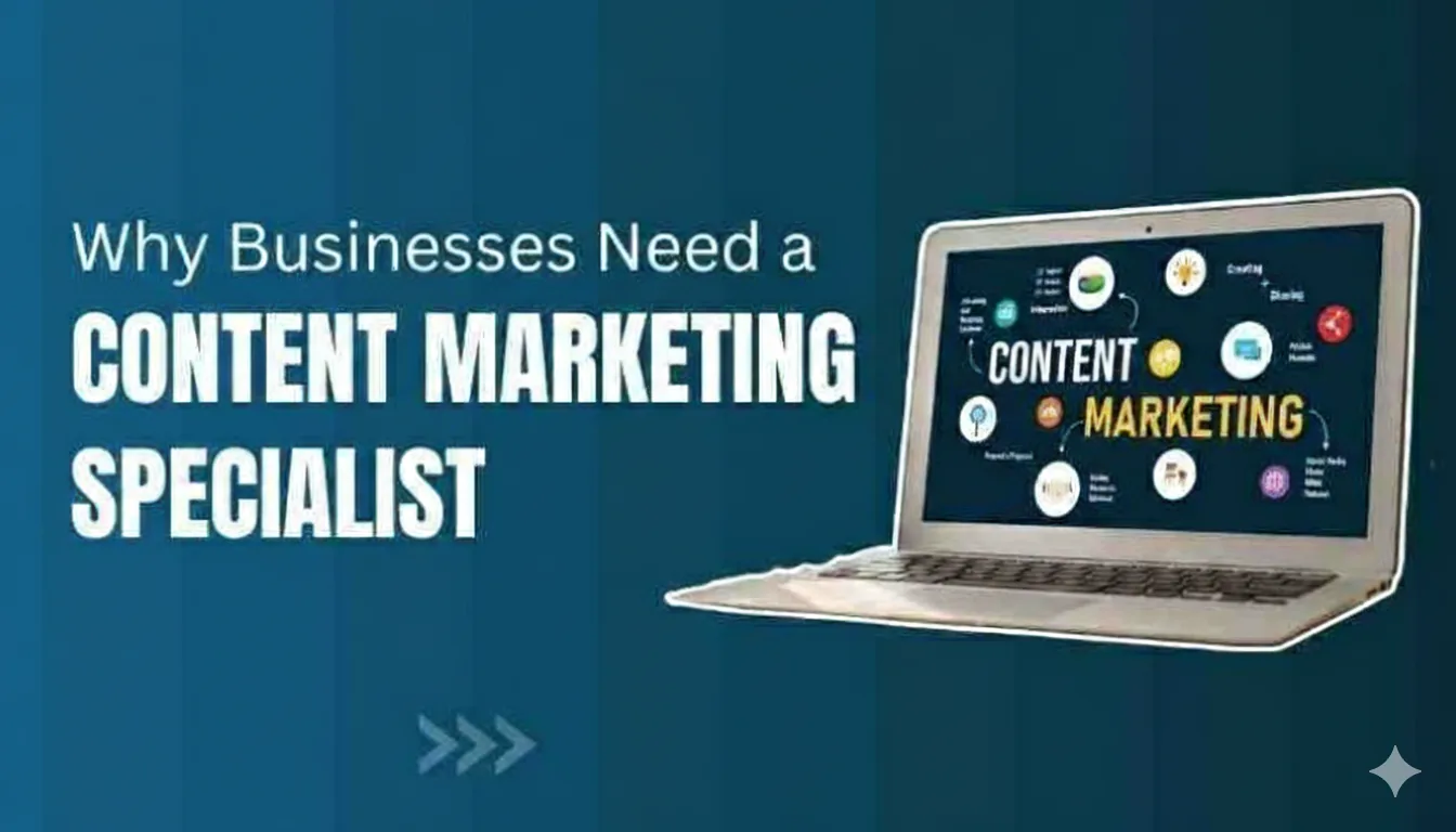 Laptop screen showing content marketing strategy icons and digital marketing planning with text about why businesses need a content marketing specialist