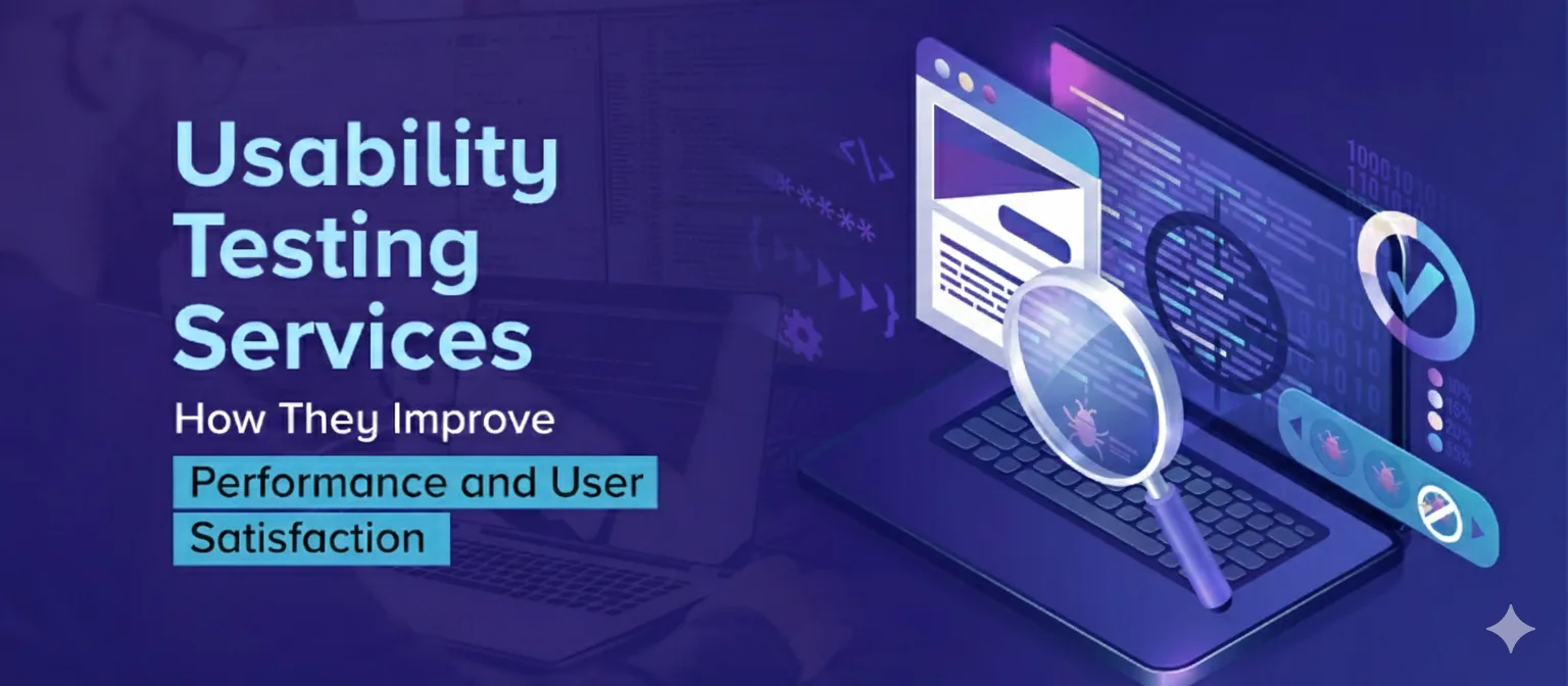 Illustration of usability testing services showing website interface review with magnifying glass, code screen, and performance check icons