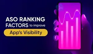 Smartphone showing analytics chart with text about ASO ranking factors to improve app visibility in app stores.