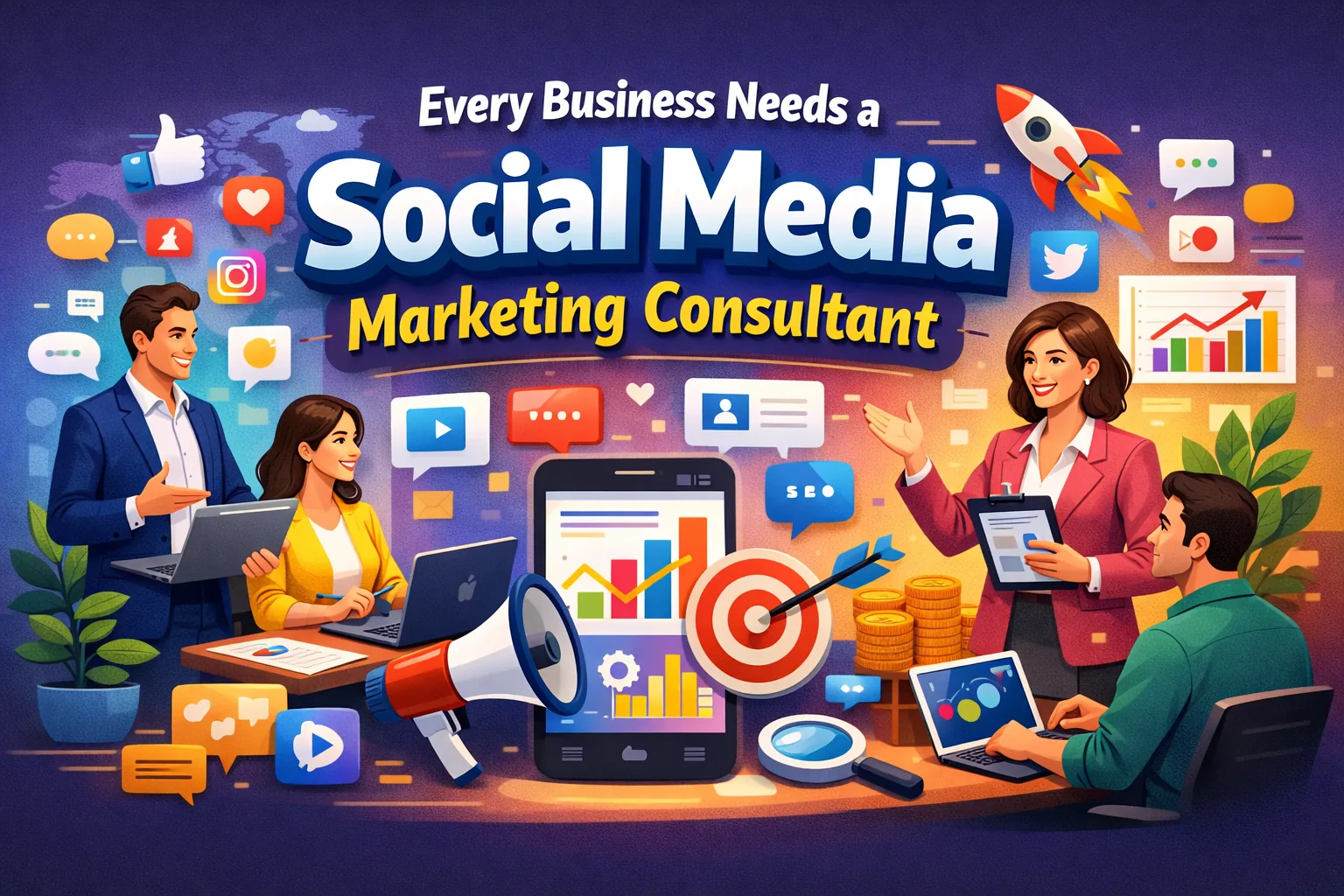 Illustration of a social media marketing consultant helping a team with digital strategy, analytics, SEO, content planning, and business growth using social media platforms