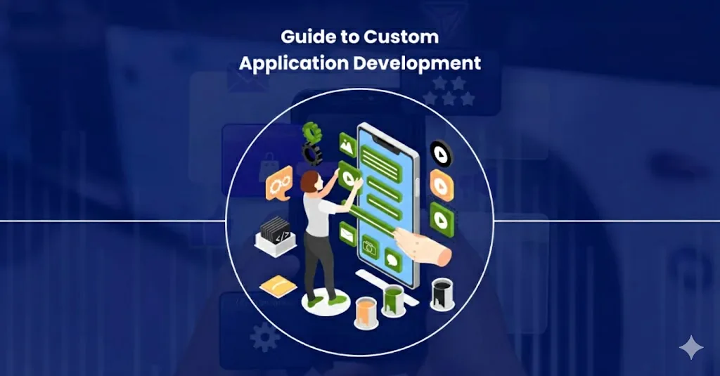 Illustration of custom application development showing developer working on mobile app interface with coding elements and software tools
