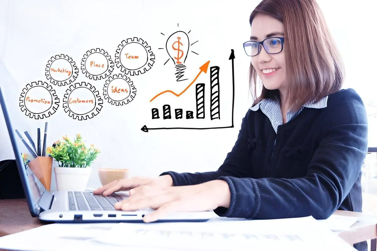 Digital marketing consultant working on a laptop with strategy diagrams, growth chart, and business planning ideas on a whiteboard