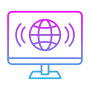 Computer screen with globe and signal waves showing online audience reach and global network coverage