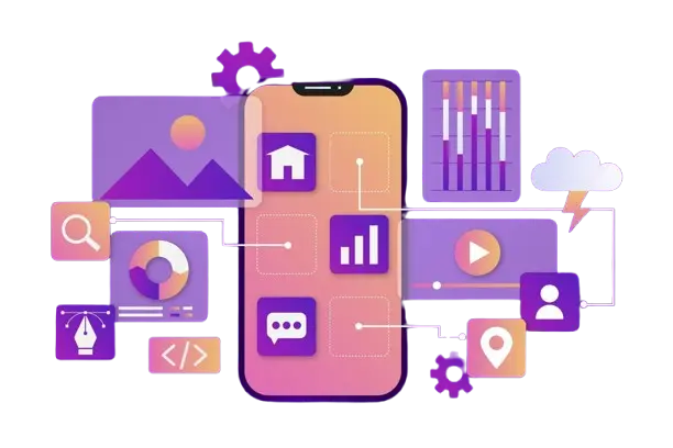 Smartphone illustration showing mobile app interface with analytics, chat, media, and user icons
