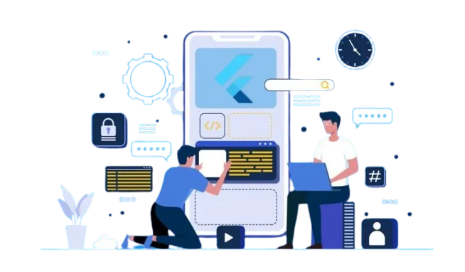Mobile App Development Illustration | Team Building App Interface Developers working on mobile app interface with coding elements, settings icons, and user features