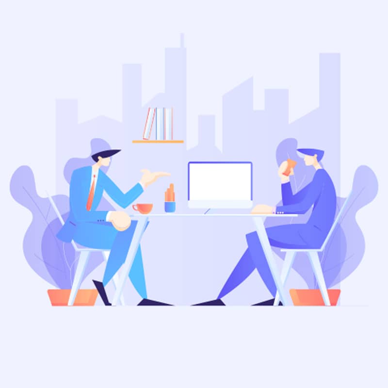 Illustration of two professionals having a business discussion at a desk with laptop in an office setting