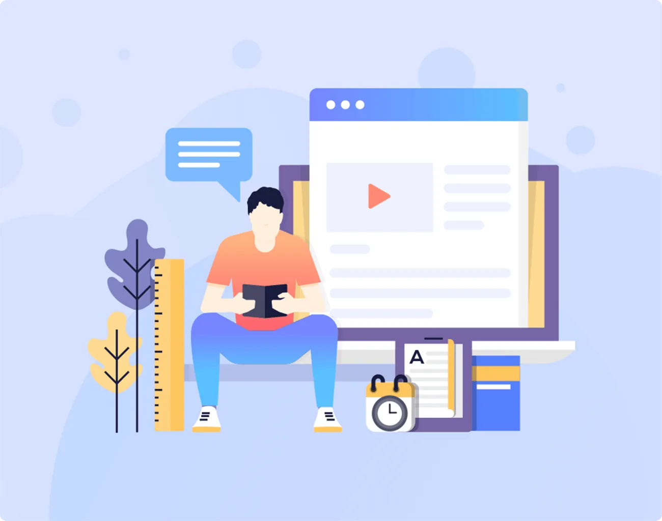 Illustration of a student using a tablet in front of an online video learning platform with notes and calendar