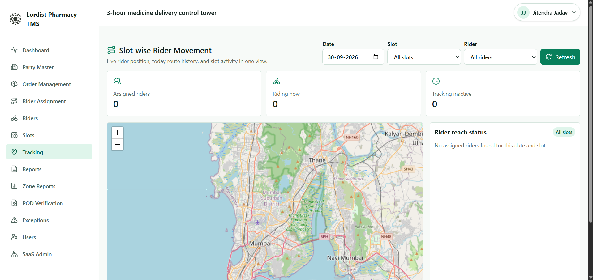 Pharmacy TMS tracking map showing rider location and delivery route visibility