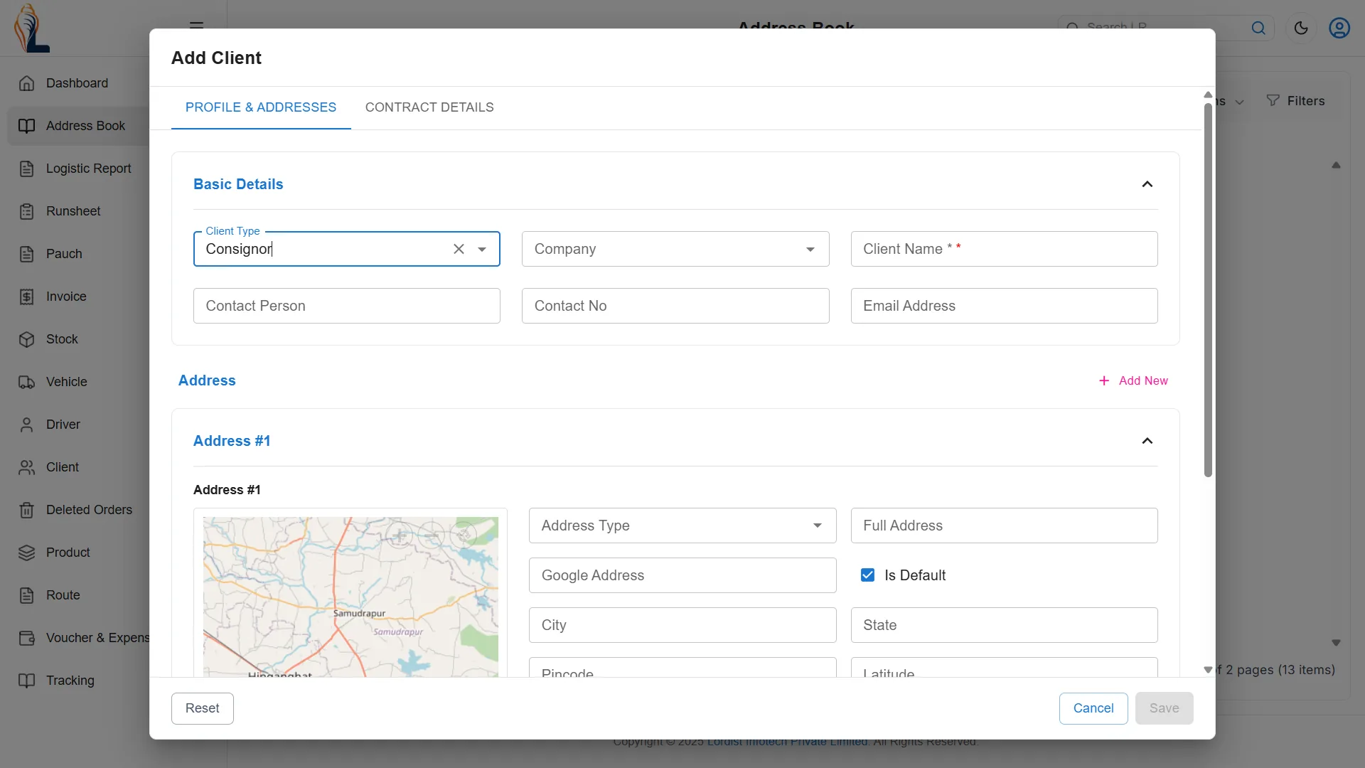 Popup form showing add client details with profile information, contact fields, and address section with map