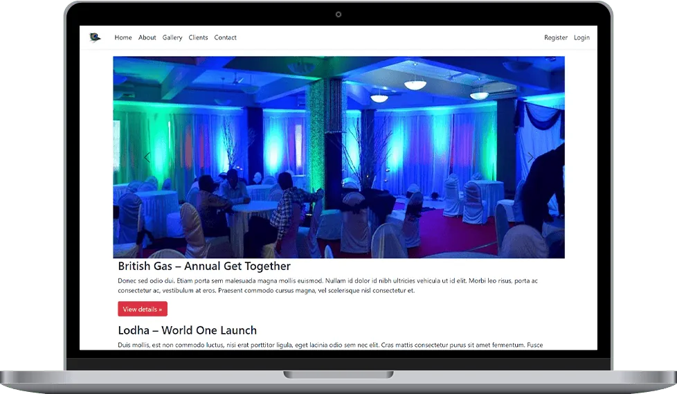 Corporate Event Venue Lighting and Seating Gallery Corporate event venue showing professional lighting, seating arrangements, and detailed event gallery