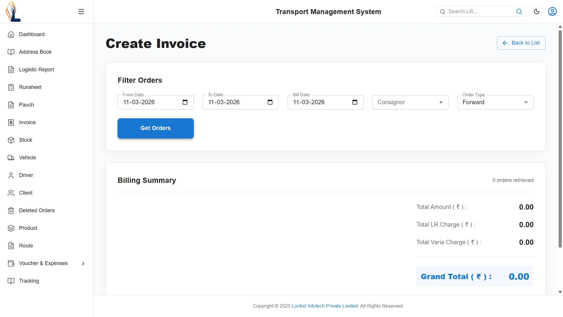 Screen showing create invoice page with order filters, billing summary, and total amount details in transport system