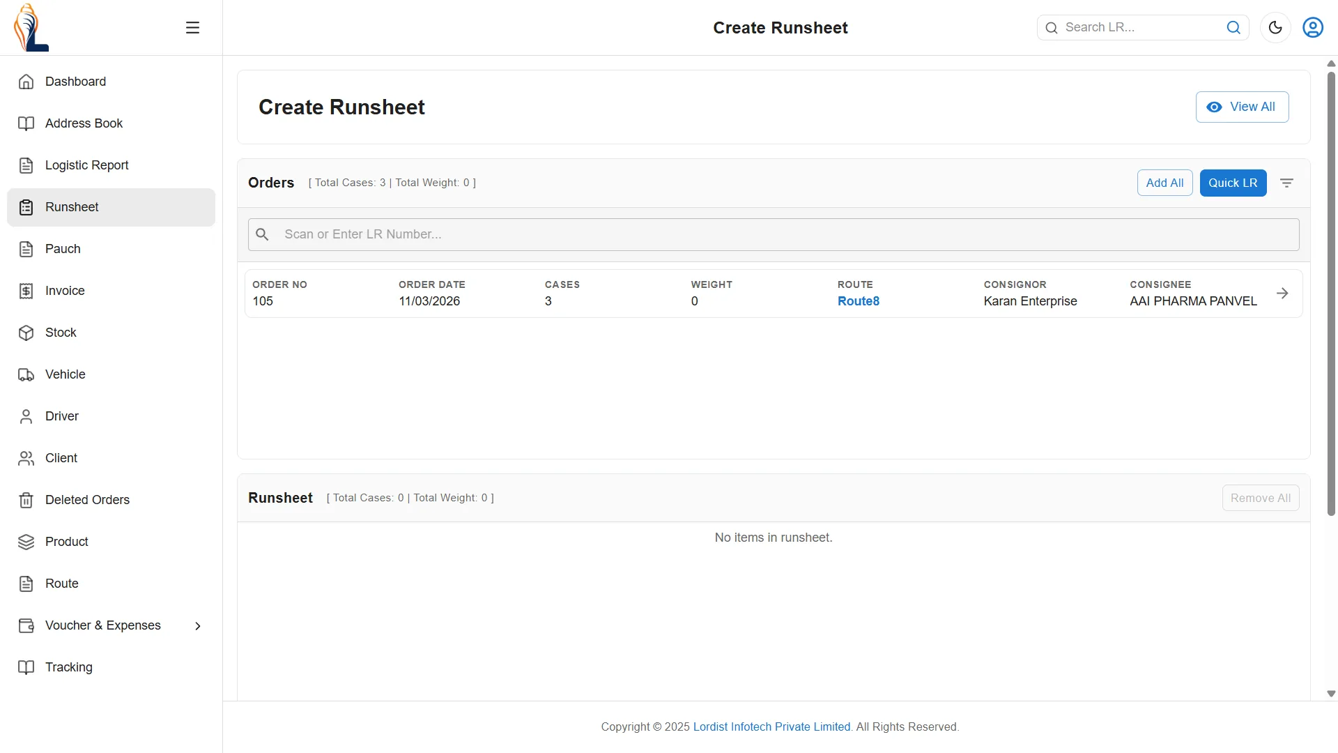 Dashboard screen showing create runsheet page with order details, route, consignor, and consignee information