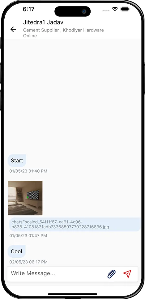 In App Chat Screen for Customer and Supplier Message Conversation Mobile app chat conversation screen showing message exchange between user and cement supplier with image sharing and message input box