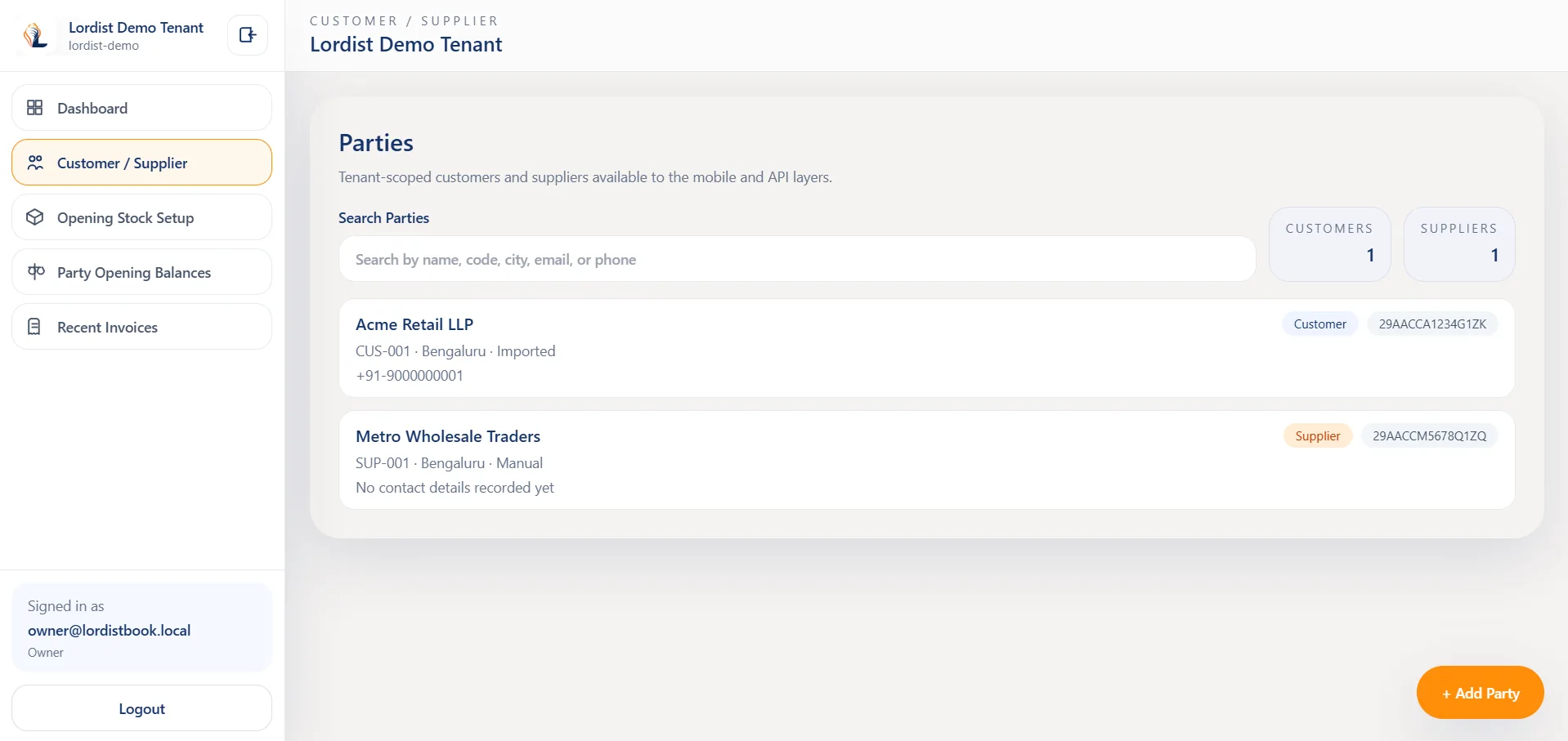 LordistBook sales invoice management screen showing invoice entry fields, customer details, and item line records