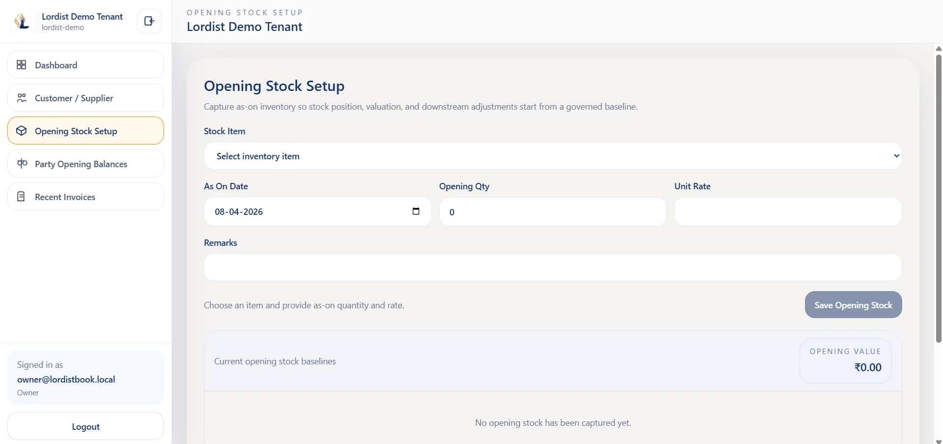 LordistBook ledger and accounts screen with party balances, transaction history, and statement tracking