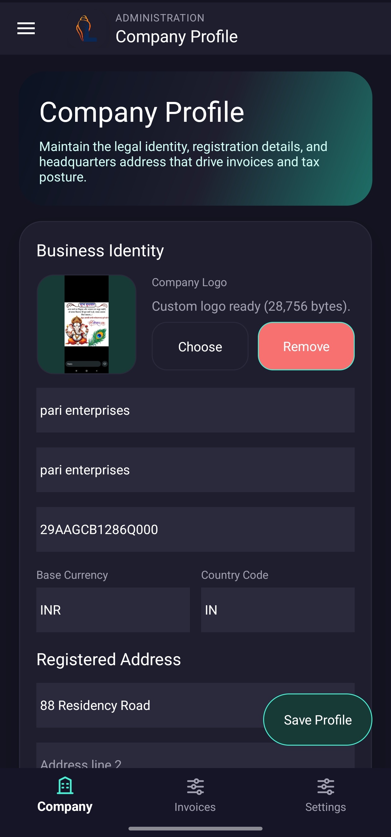 LordistBook mobile company profile screen with business details, company information, and account settings