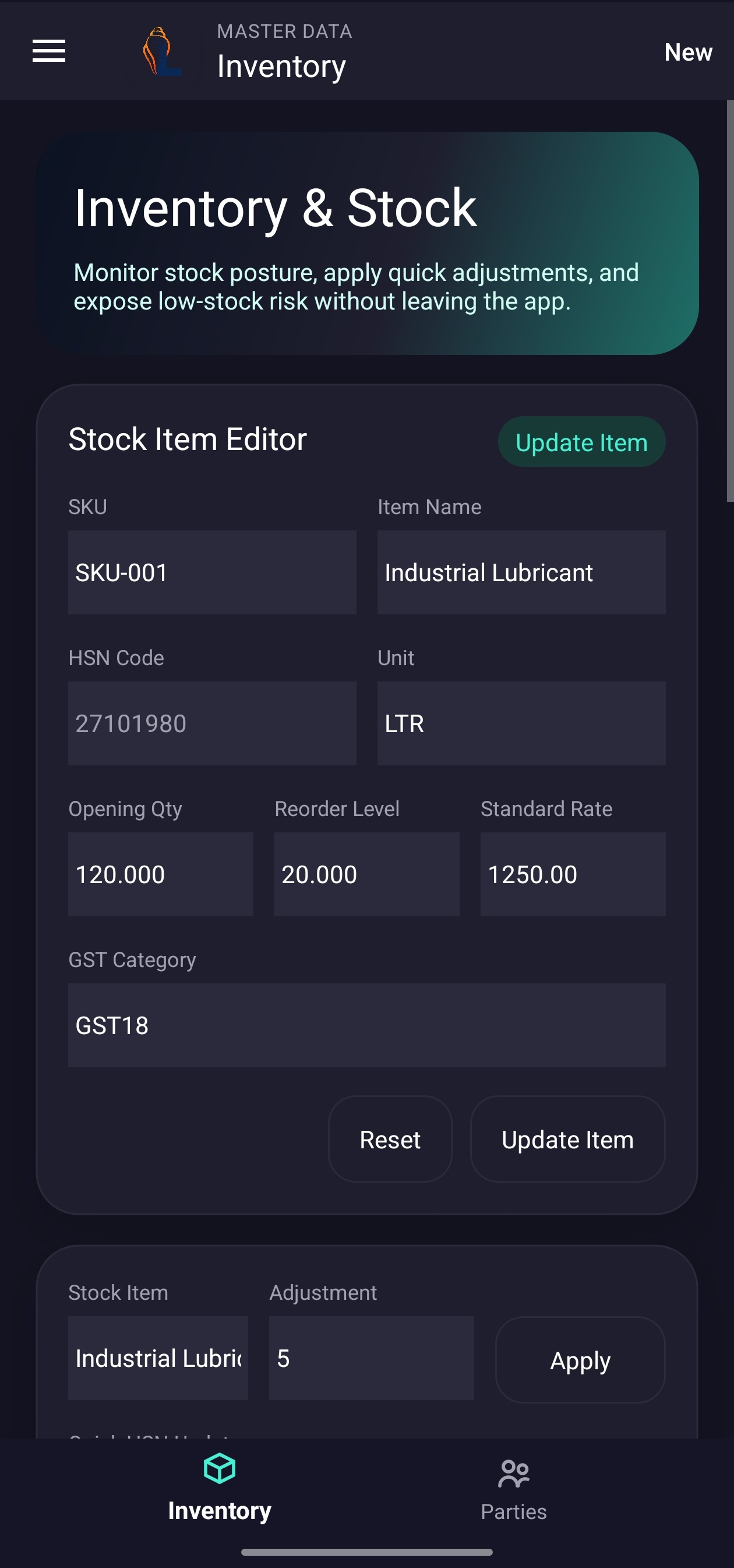 LordistBook mobile inventory and stock management screen with item quantities, stock tracking, and inventory details