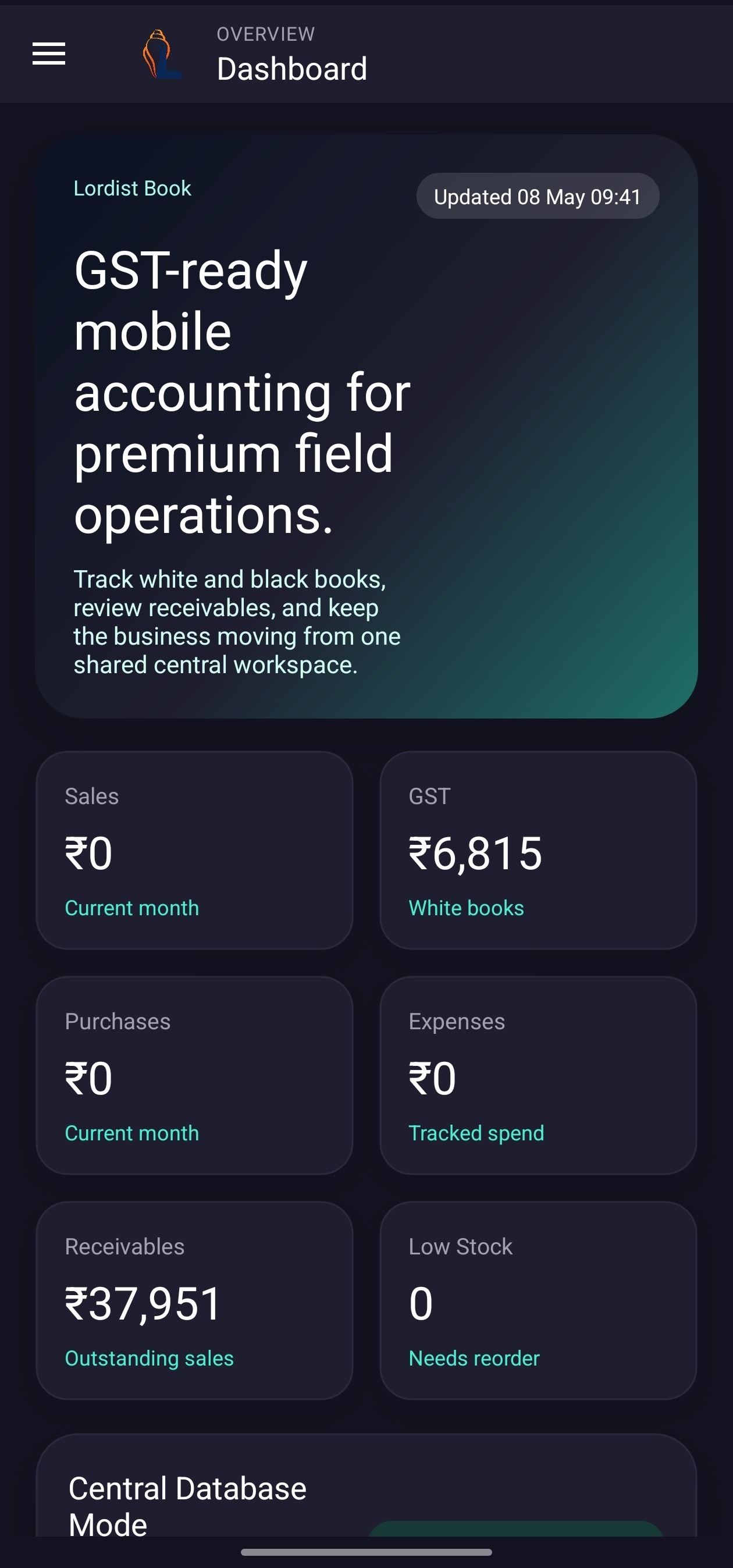 LordistBook mobile dashboard screen with business summary cards, quick actions, and financial overview