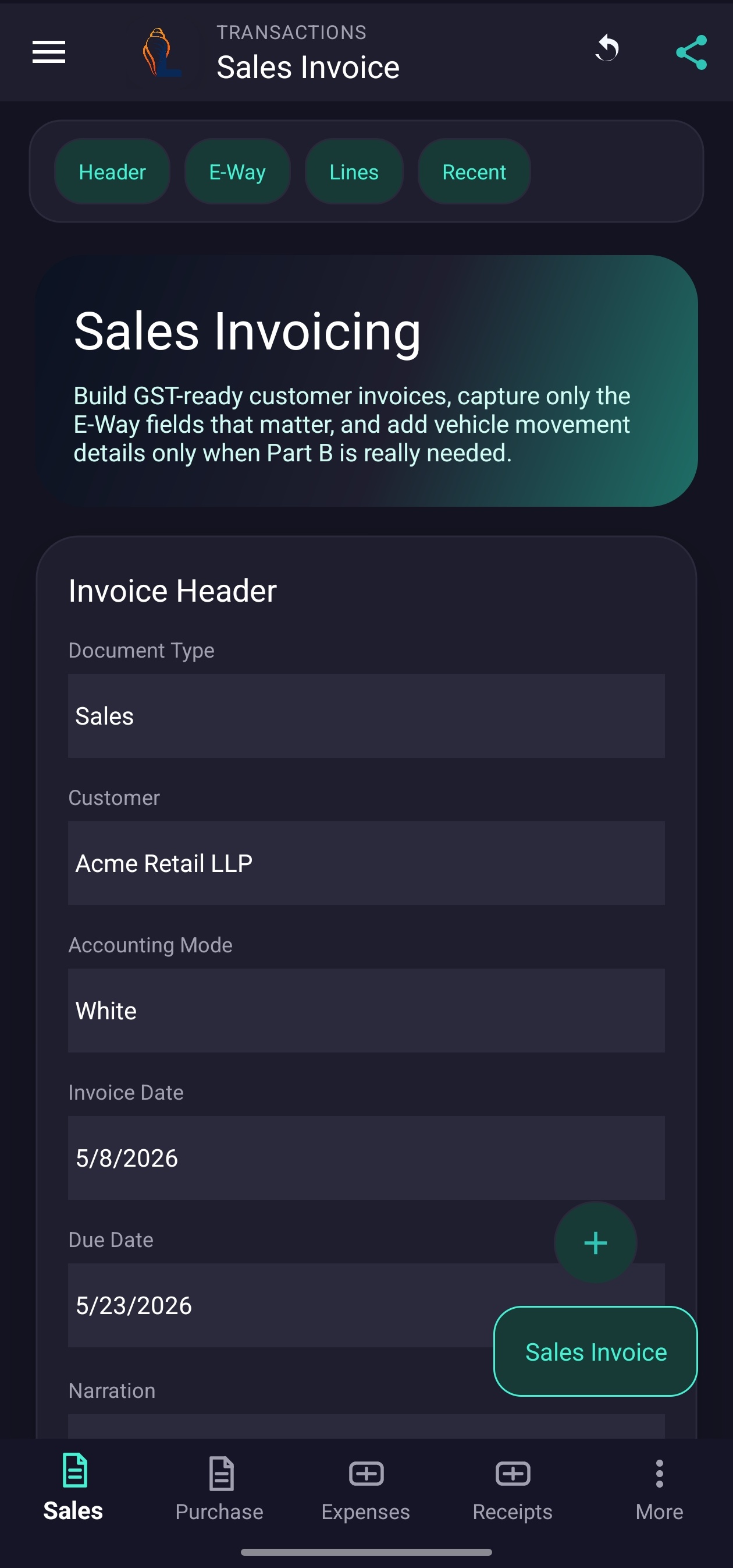 LordistBook mobile sales invoice screen with billing details, customer selection, and product entry fields