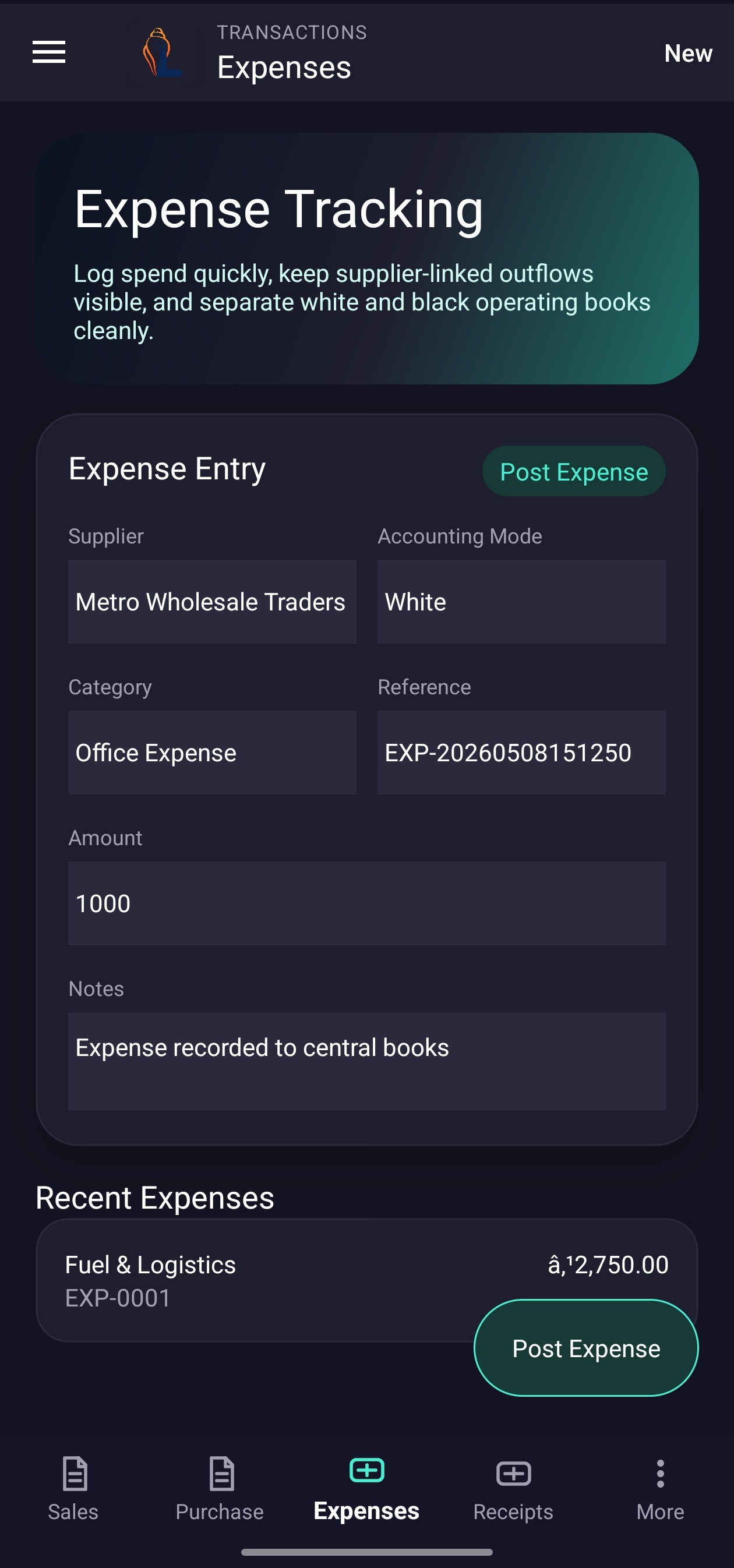 LordistBook mobile expense tracking screen showing expense categories, transaction records, and spending details