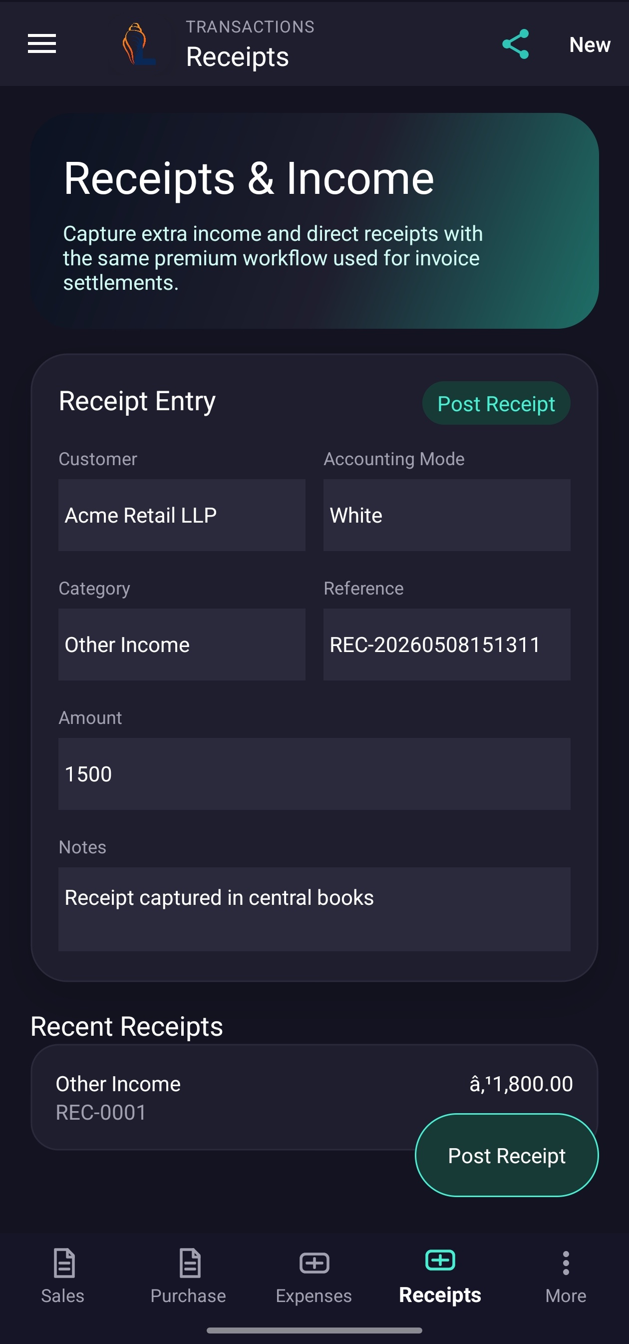LordistBook mobile receipt and income screen displaying income entries, payment receipts, and transaction history