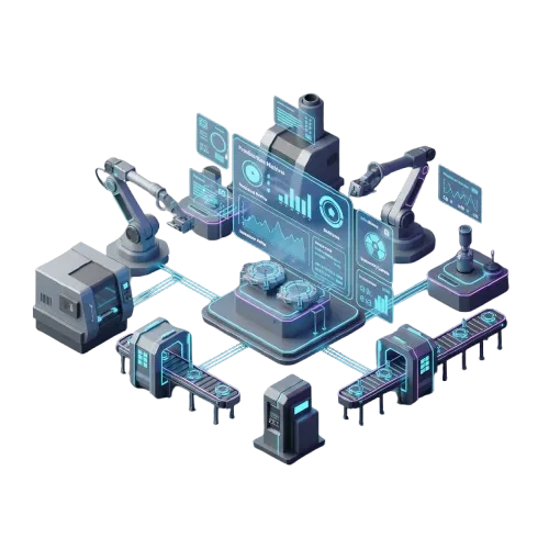 Manufacturing Management System for Smart Factory Operations Illustration of automated factory machines and robotic arms connected to a manufacturing management system dashboard