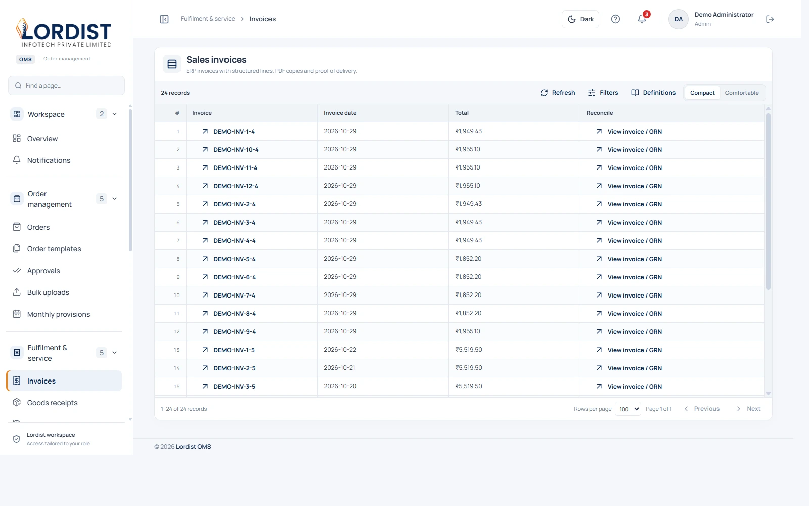 Lordist OMS Invoice Register with Line Item Rate and Quantity Reconciliation