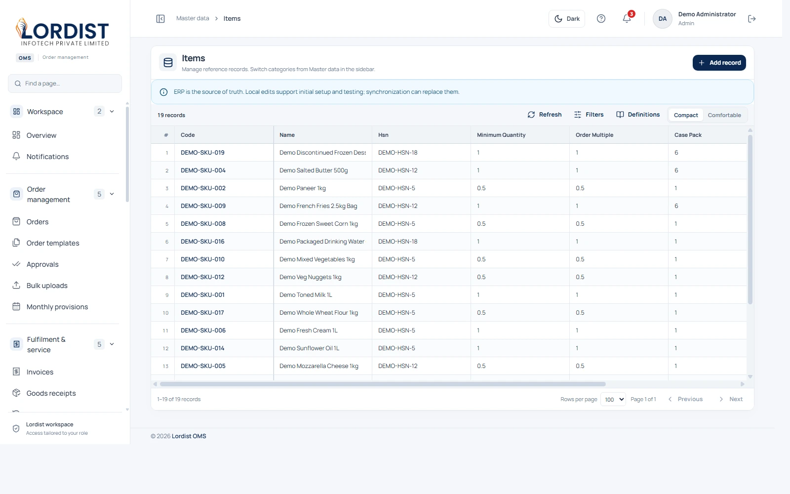 Lordist OMS Master Data Catalog with Customer Specific Rate Precedence