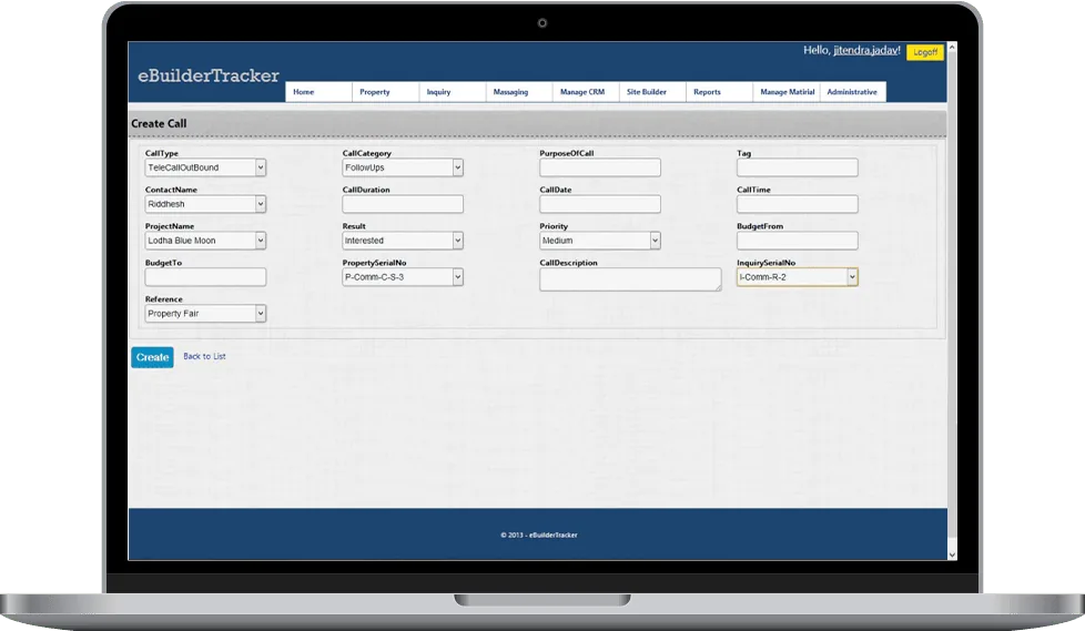 Real Estate CRM Call Entry and Inquiry Management Screen Real estate CRM call entry screen for inquiry follow-up and customer interaction management
