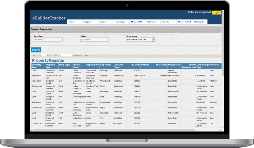 Real Estate Property Register and Project Location Dashboard Real estate property register dashboard showing property listings, project locations, and pricing records