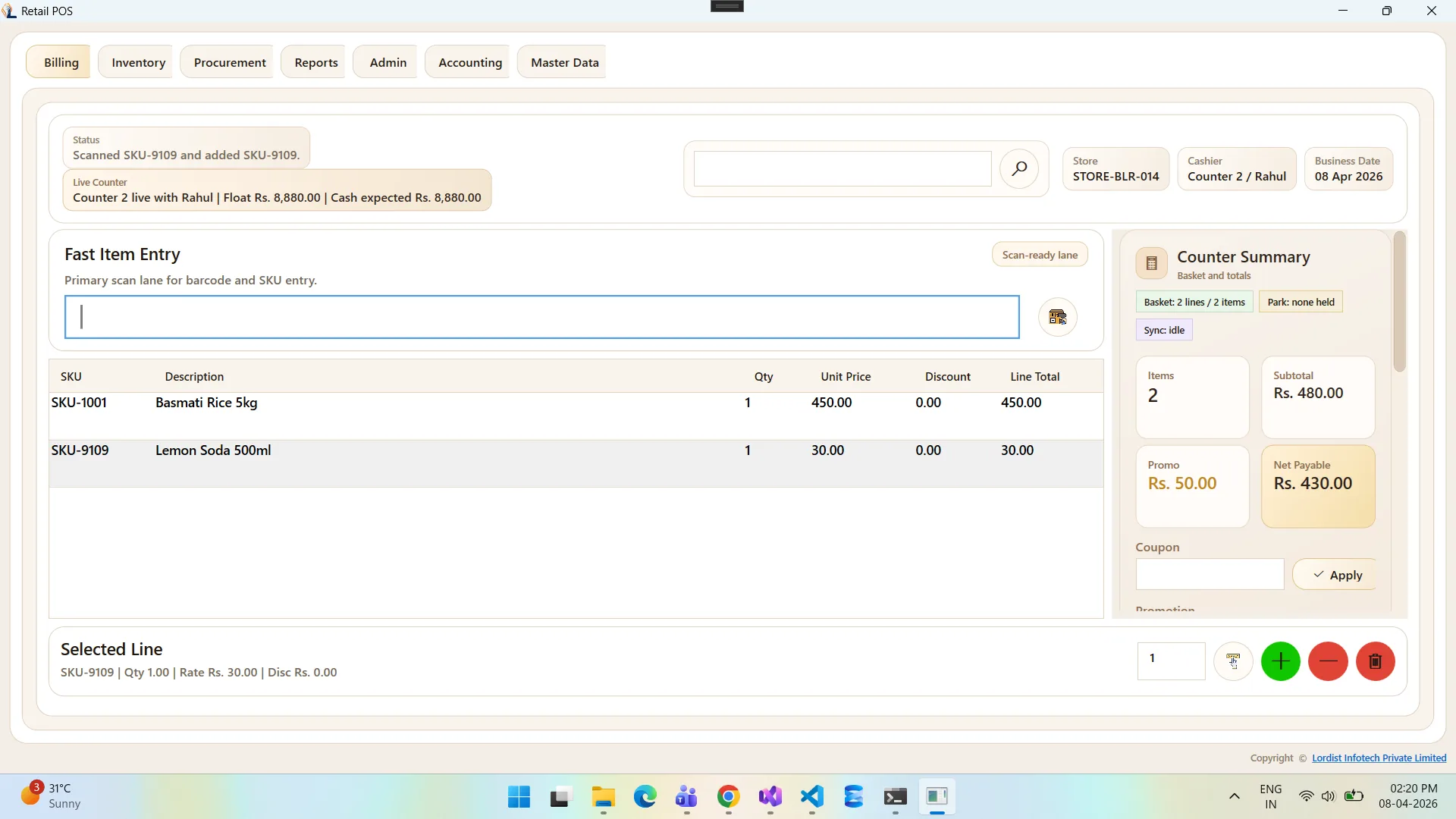 Retail POS invoice entry screen showing item selection, quantity updates, tax values, and final bill amount