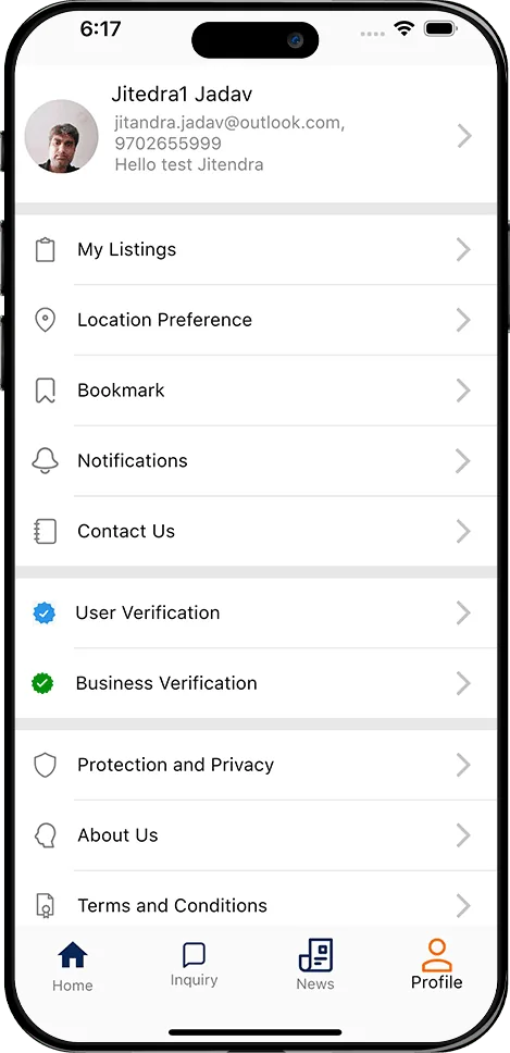 User Profile and Account Settings Screen with Listings, Notifications, and Verification Mobile app profile screen showing user account details, listings, location preference, bookmarks, notifications, and verification options