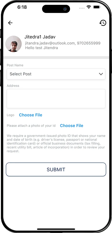 User Verification Form with ID Upload and Business Details Submission Mobile app user verification screen showing post selection, address field, logo upload, ID photo upload, and submit button