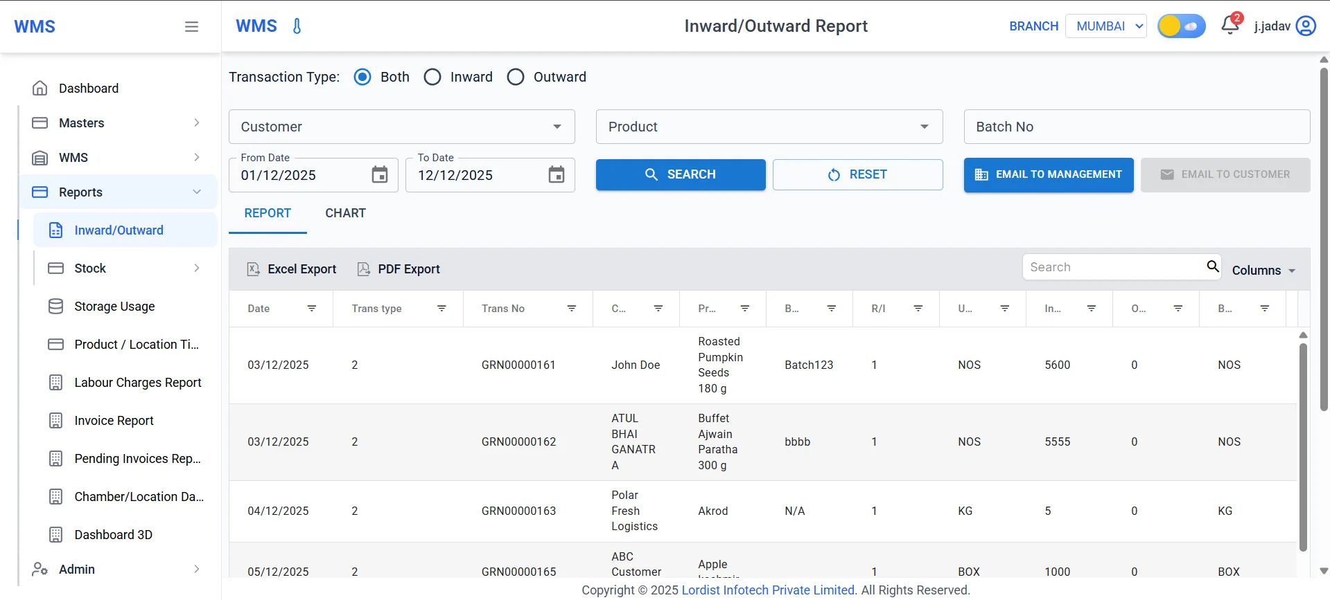 Warehouse Inward and Outward Inventory Report Dashboard with Stock Movement Data Warehouse management system inward and outward report screen showing product transactions, customer details, batch numbers, stock quantities and export options