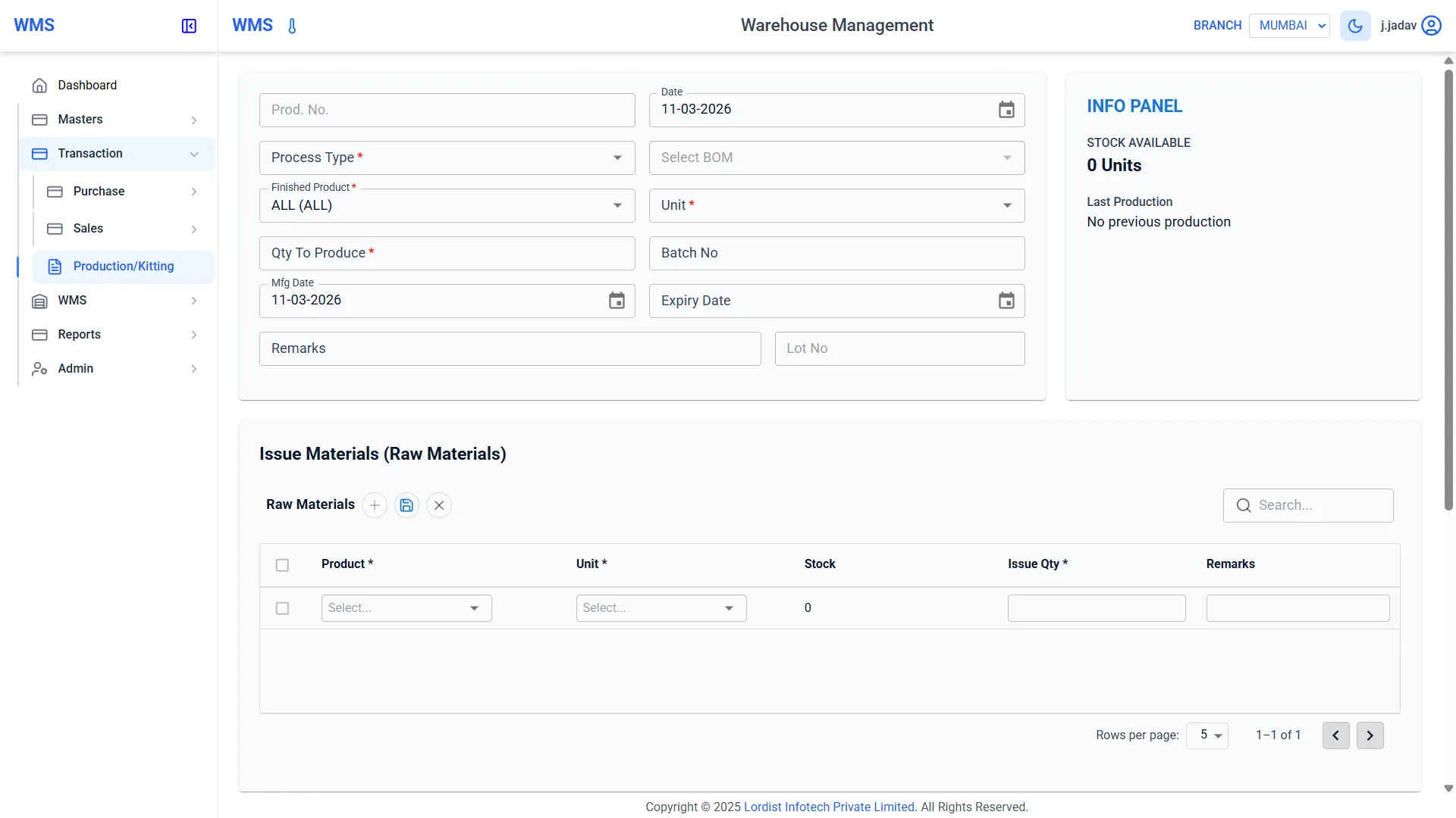 Warehouse management system production and kitting screen showing product details, batch number, manufacturing date, expiry date, and raw material issue table