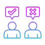 Two users with check and cross icons showing customer feedback, opinions, and decision making process