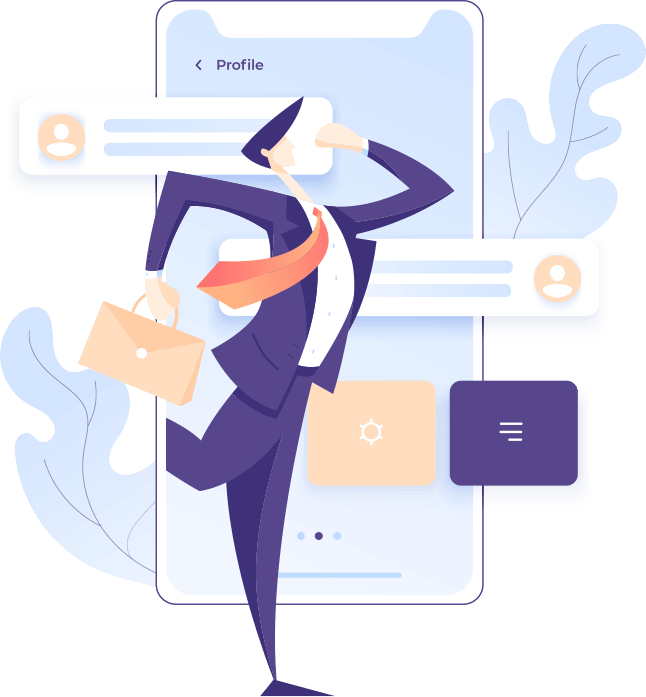 Mobile App User Profile Illustration | Business and App Interaction Business person interacting with mobile app profile screen showing user interface and app features