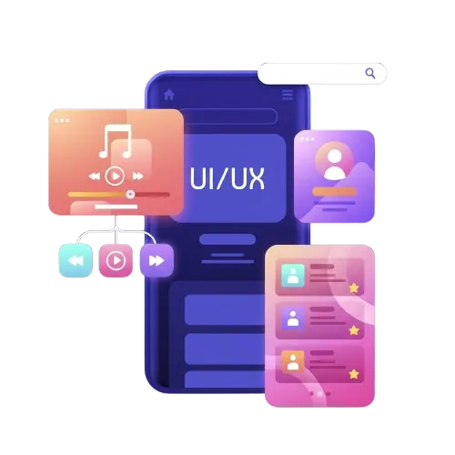 Mobile app screen with UI UX elements, user profiles, media controls, and interface components
